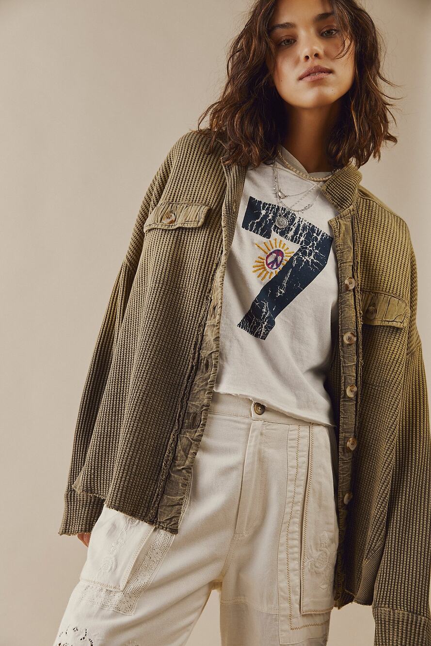 Free People One Scout Dip Dye Jacket Olive Green Shirt Jacket Oversized Slouchy